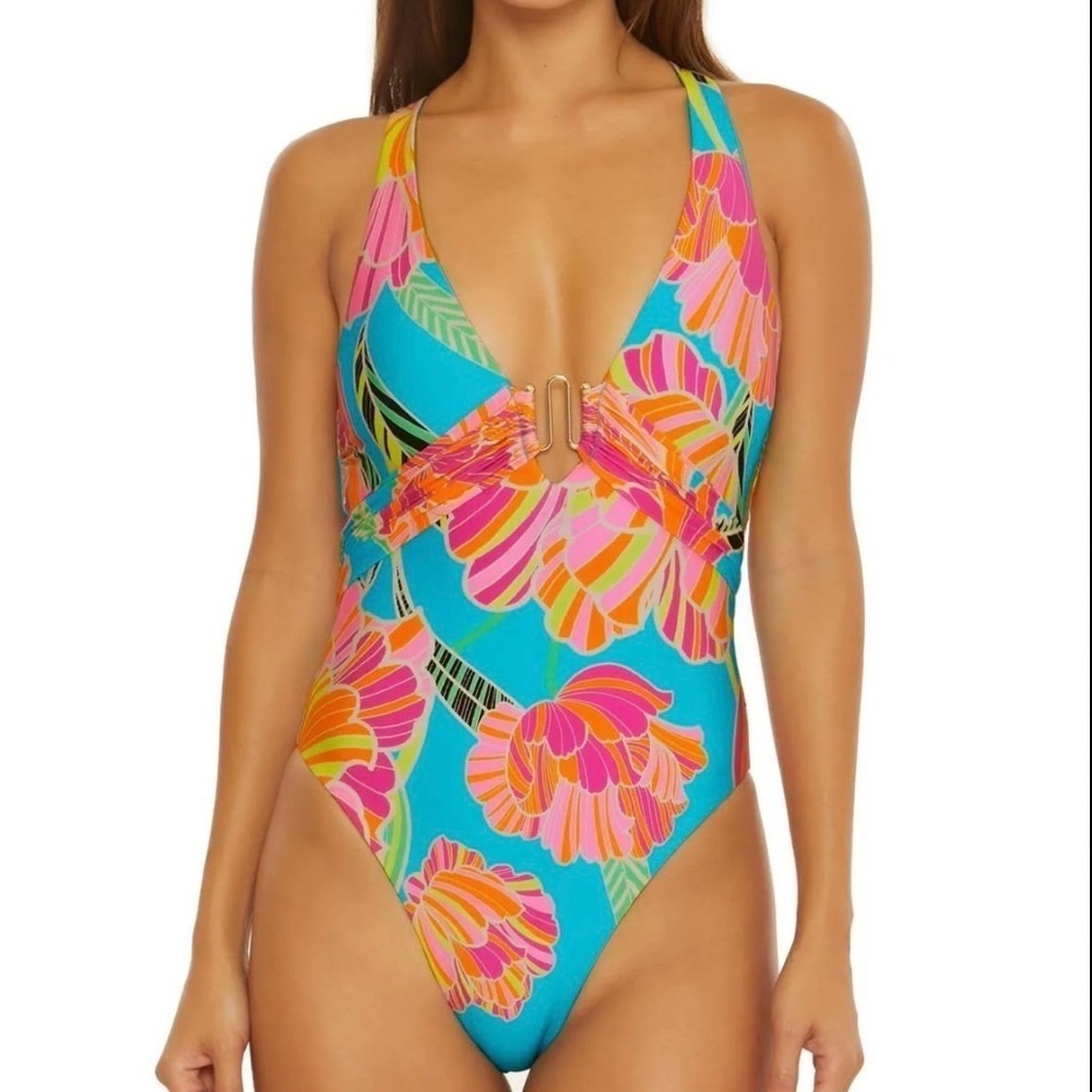 NWT Trina Turk Pink and Blue One Piece Swimsuit with Tropical Floral Design